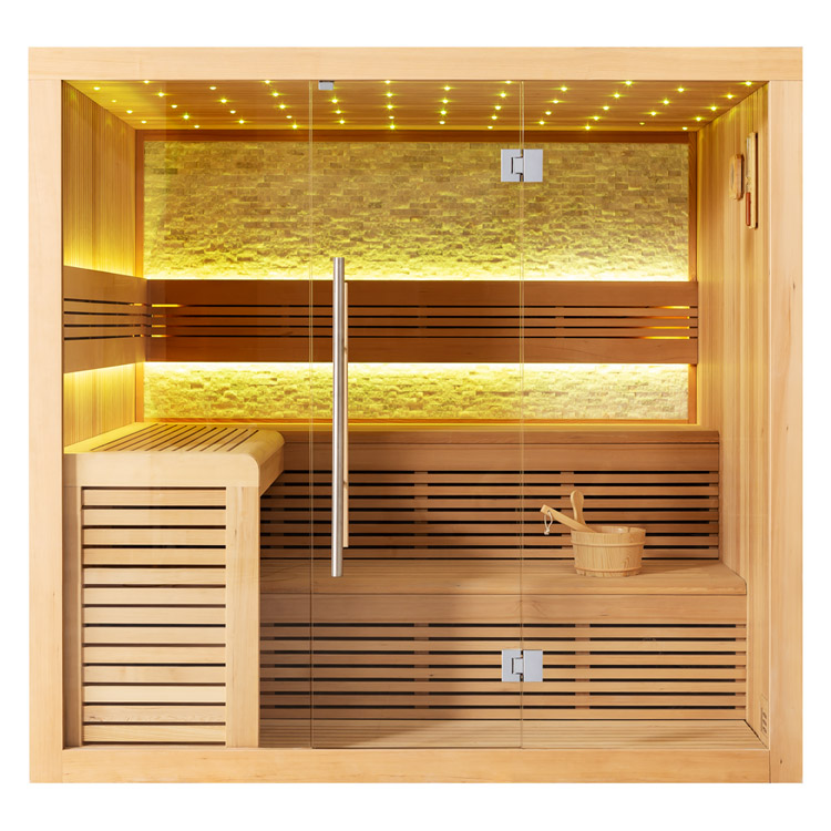 Sandstein Sauna, aus Hemlock, 220 × 200 cm, ohne Saunaofen, senkrechte Verschalung – Ansicht 2